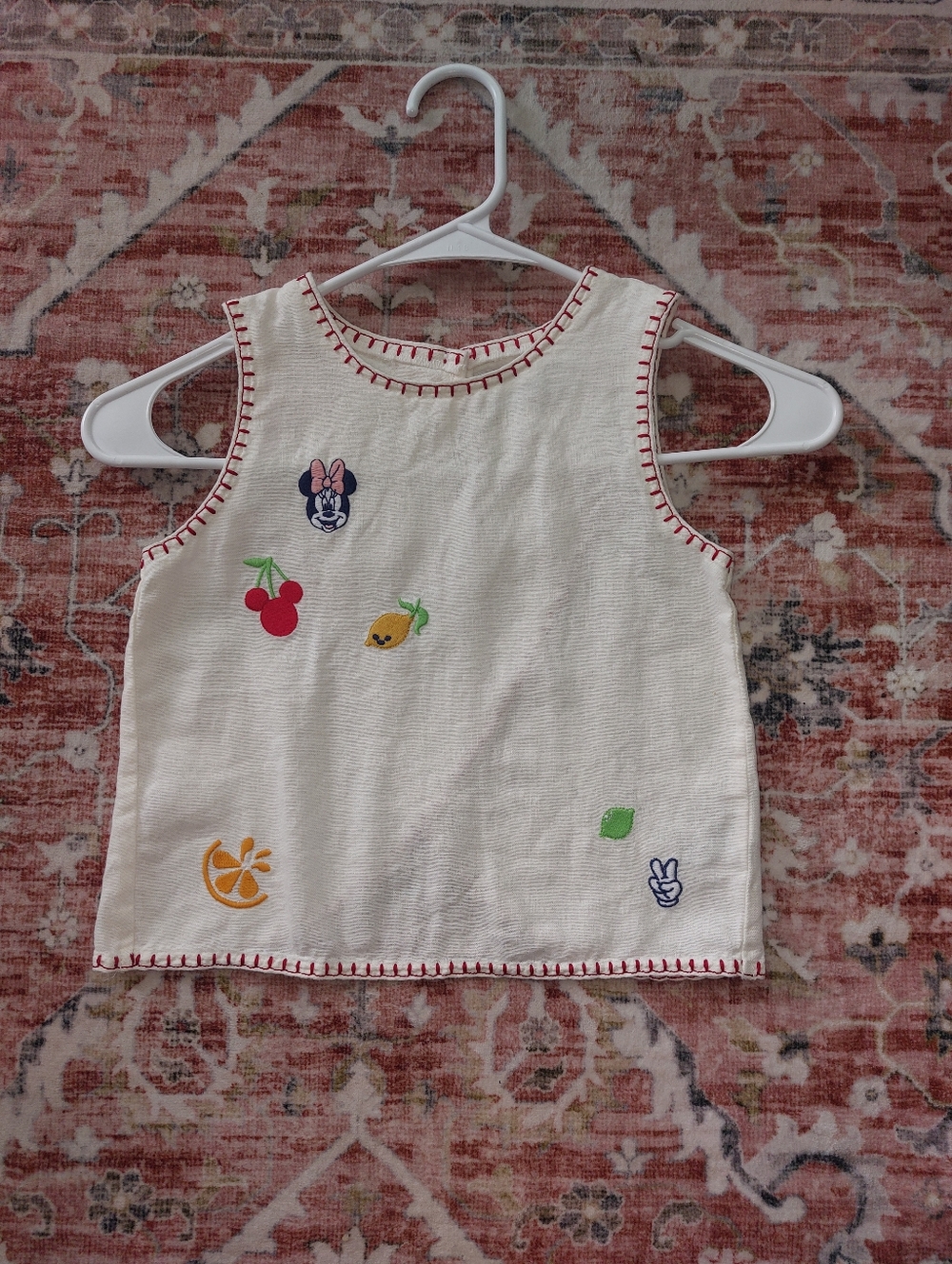 "Old Navy ×Disney" Embroidered Fruit & Character Tank Top - Cream with Red Trim